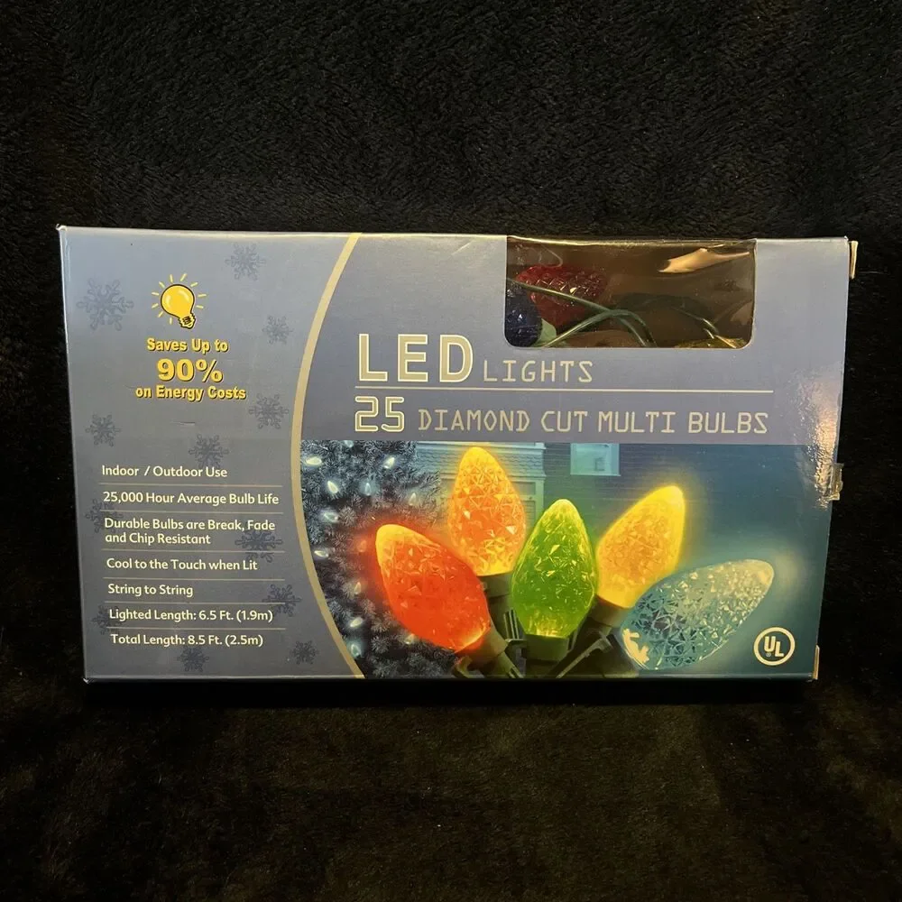 UL 25 Multi Color LED Diamond Cut Bulbs String Lights Indoor Outdoor Use 8.5 FT